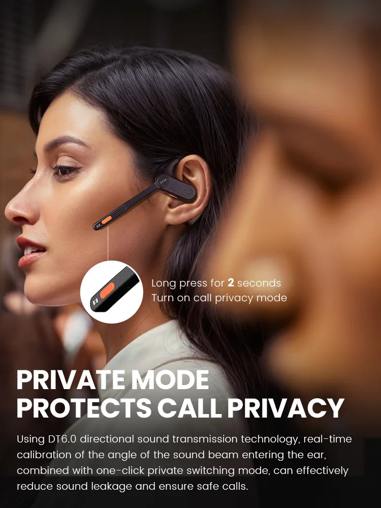 Wireless earpiece with a microphone attached, worn by a person in profile view.