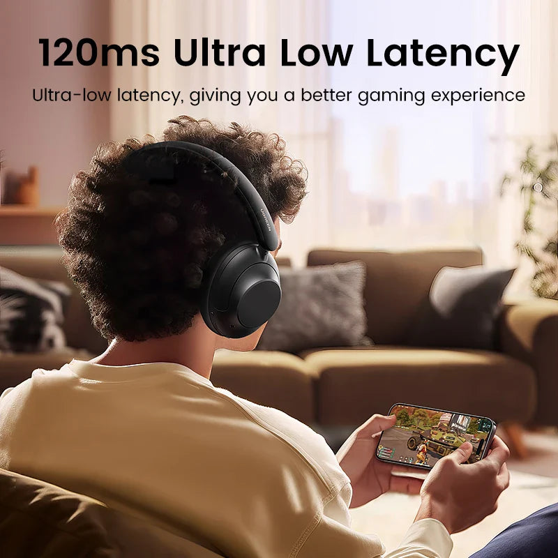 Wireless gaming headphones with ’120ms Ultra Low Latency’ text promoting better gaming experience.