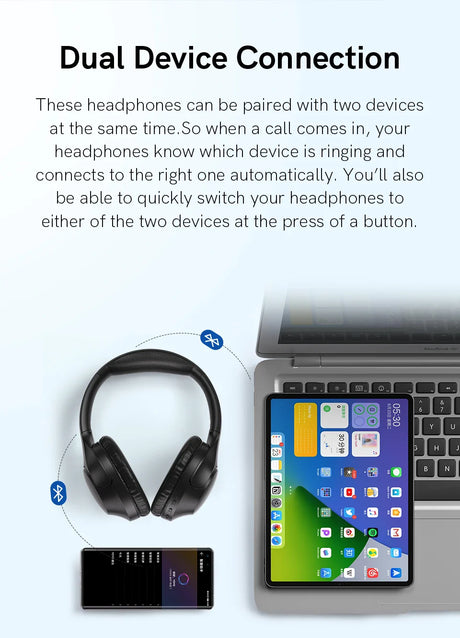 Wireless headphones connected to two devices.