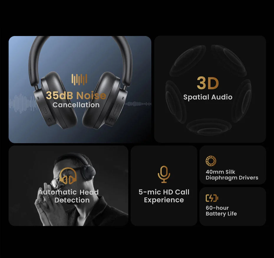 Wireless noise-canceling headphones with spatial audio.