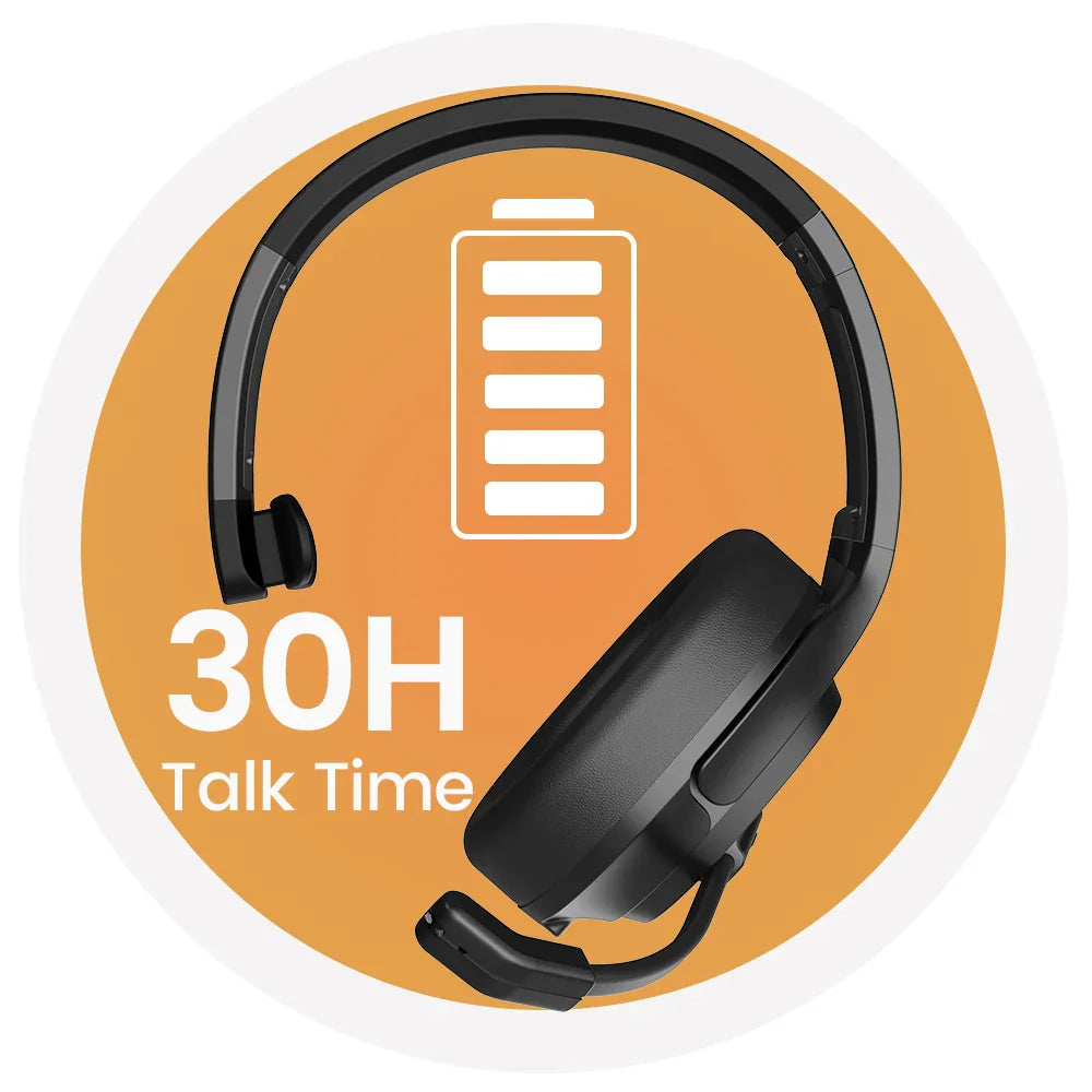 Wireless headset with microphone shown alongside a battery icon and ’30H Talk Time’ text.