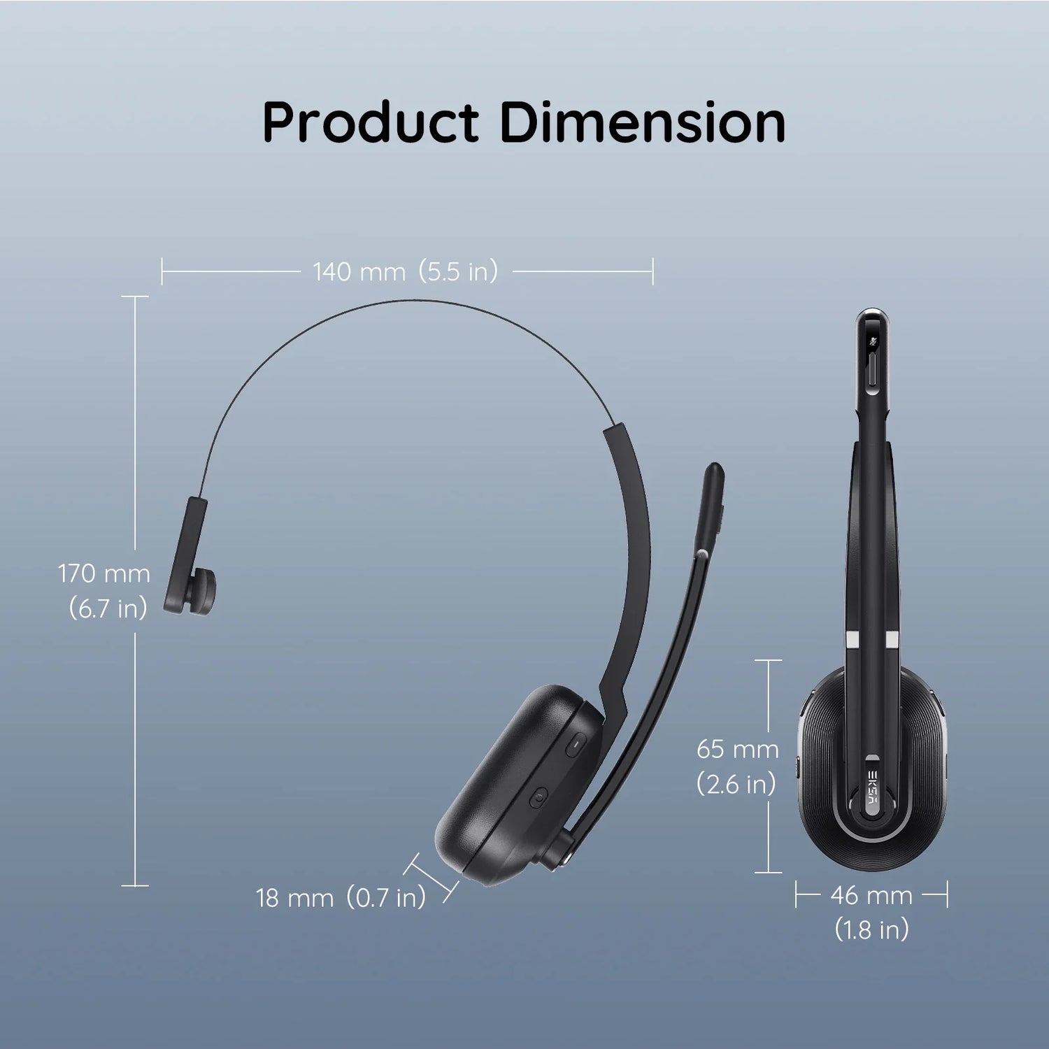 Wireless headset with microphone and dimensions labeled.