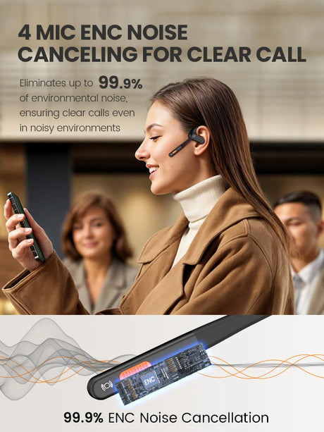 Wireless headset with microphone worn by a person using a smartphone.