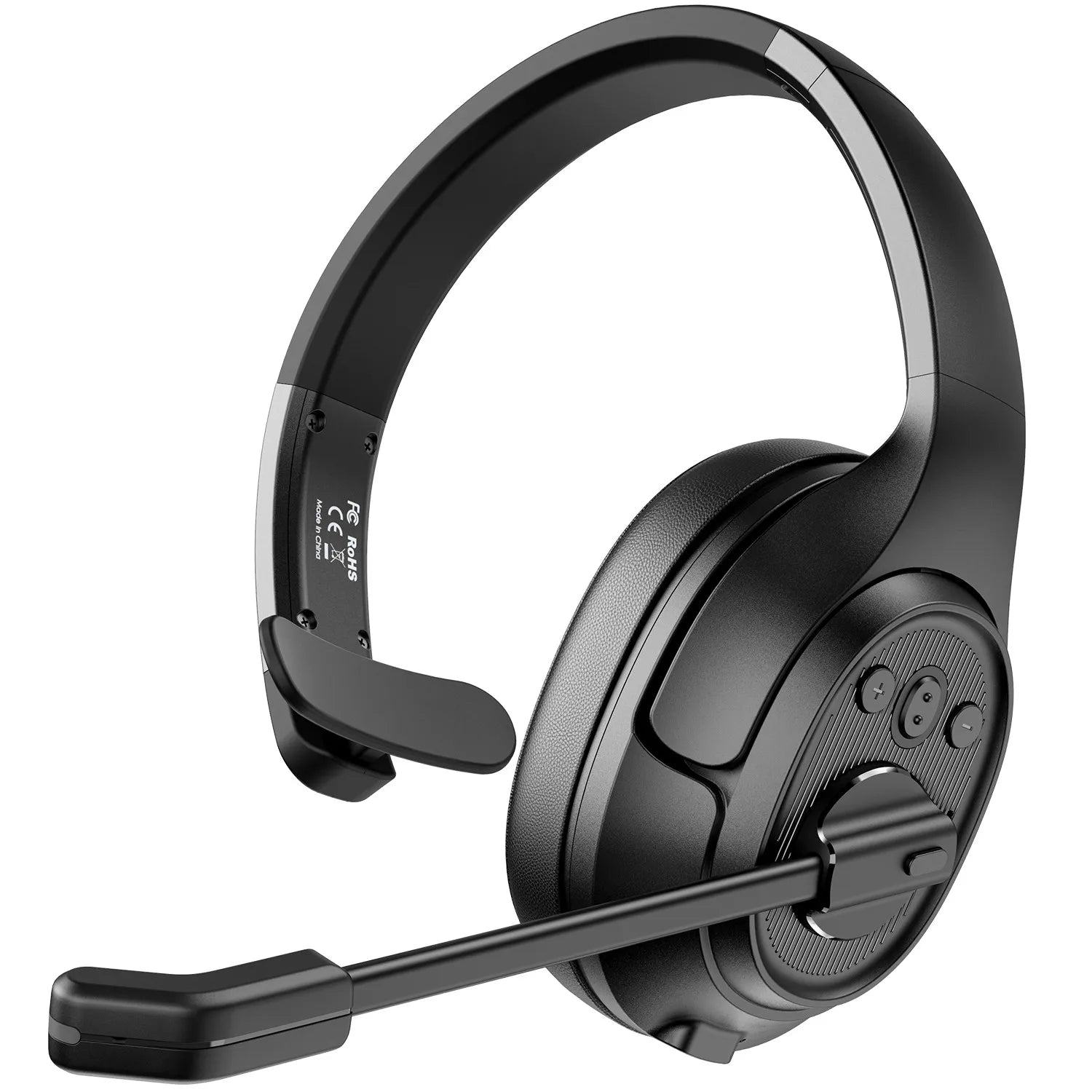 Wireless headset with a single earpiece and attached microphone.