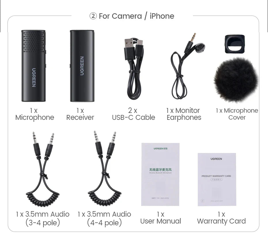 Wireless microphone kit for cameras and iPhones.