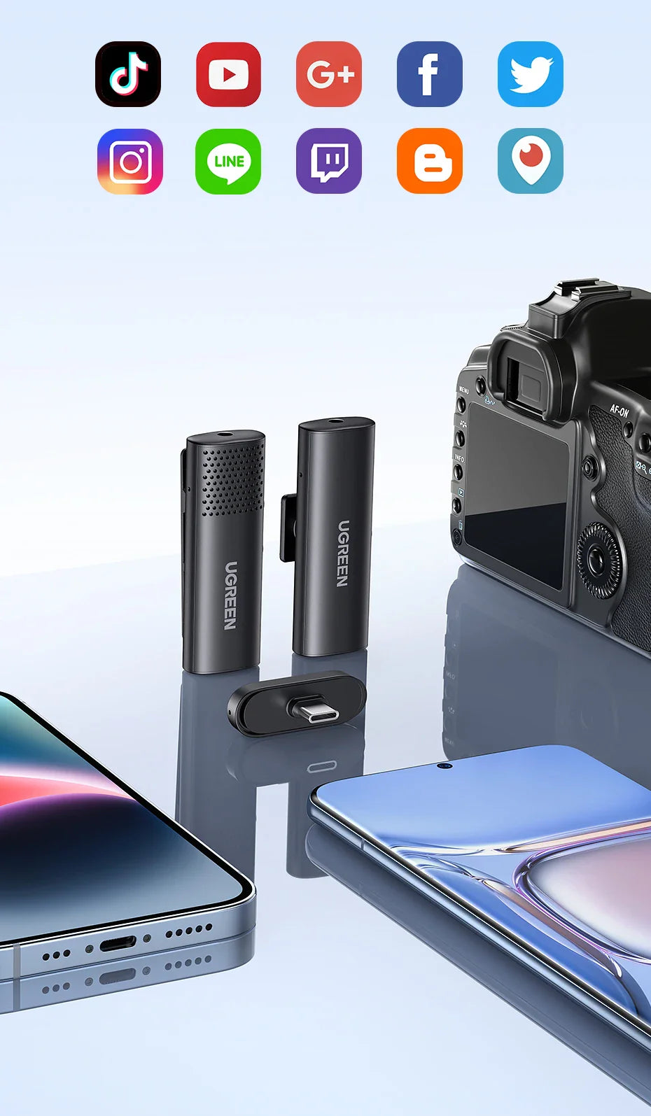 Wireless microphone system with phones and camera.