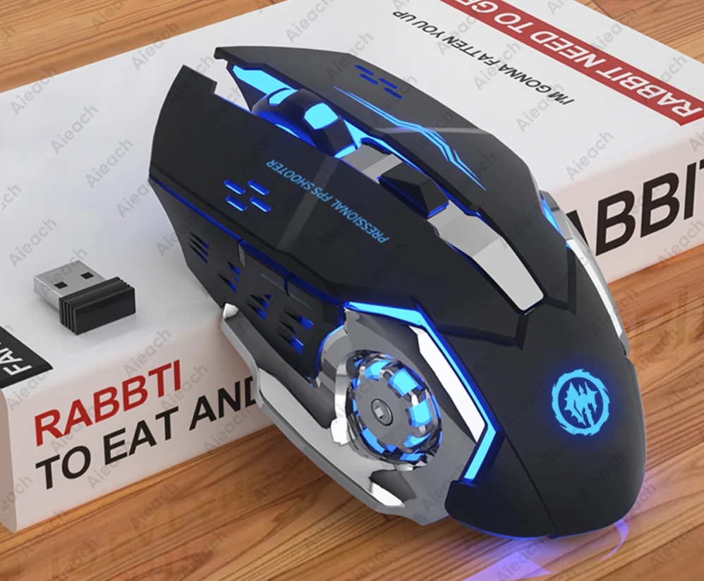 Wireless gaming mouse with blue LED lighting and multiple buttons.