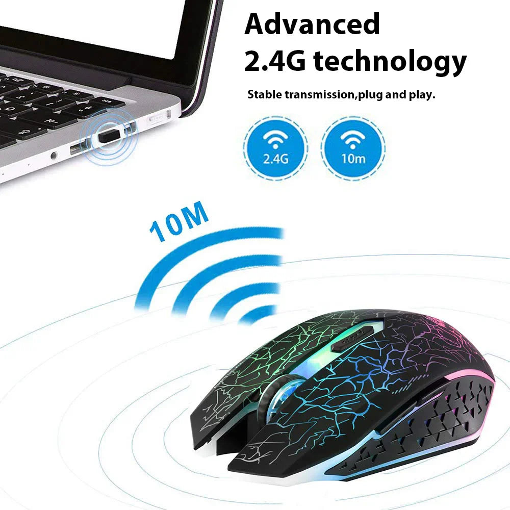 Wireless gaming mouse with colorful LED lighting and a cracked design pattern.