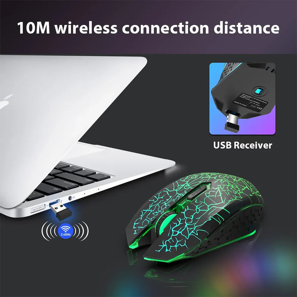 Wireless gaming mouse with glowing green cracks design and USB receiver.