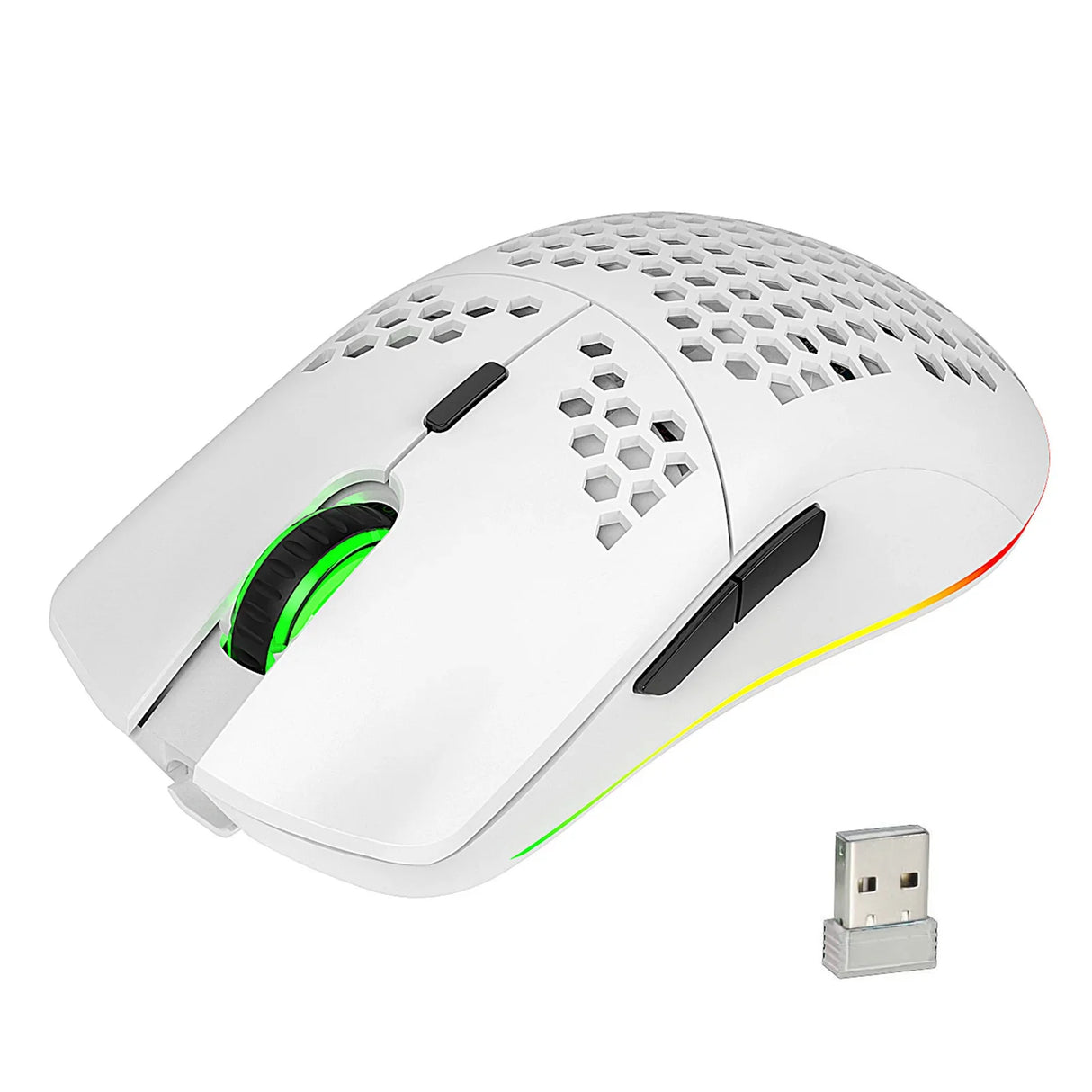 Wireless gaming mouse with a honeycomb shell design and RGB lighting.