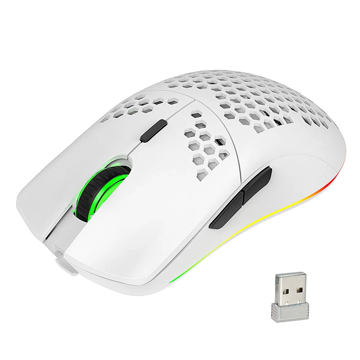 Wireless gaming mouse with a honeycomb shell design and RGB lighting.