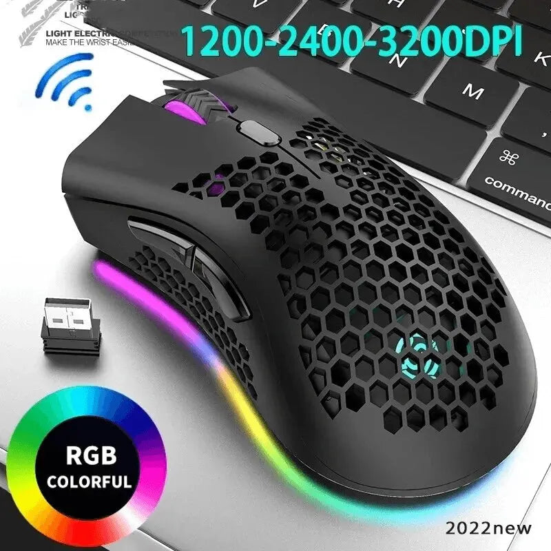Wireless gaming mouse with RGB lighting and honeycomb shell design.