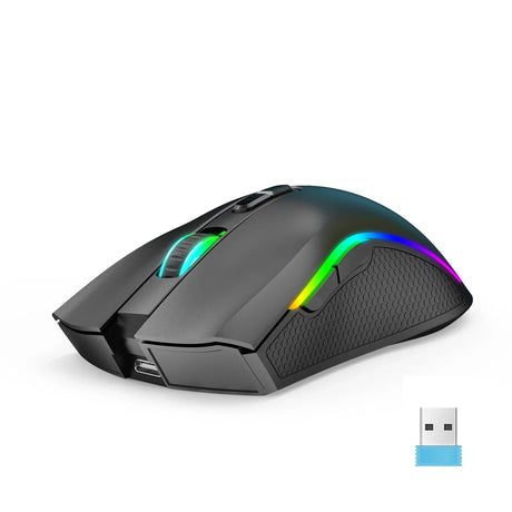 Wireless gaming mouse with RGB lighting and a USB receiver.
