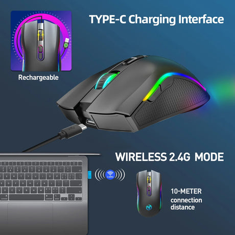 Wireless gaming mouse with RGB lighting and dual connectivity options.