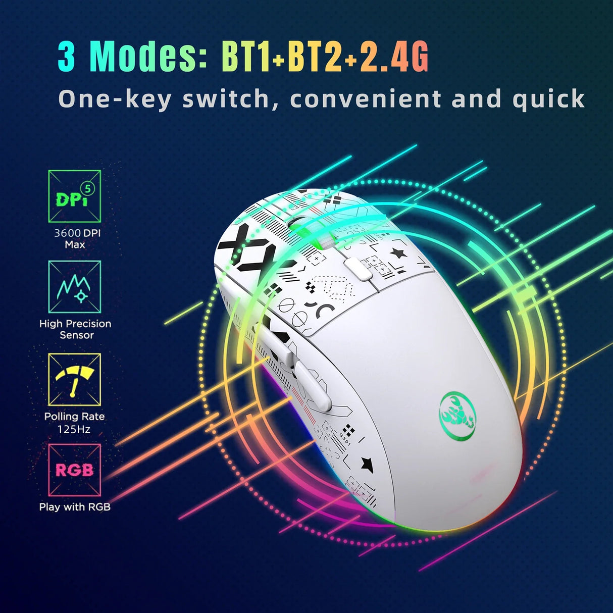 Wireless gaming mouse with RGB lighting and multiple connectivity modes.
