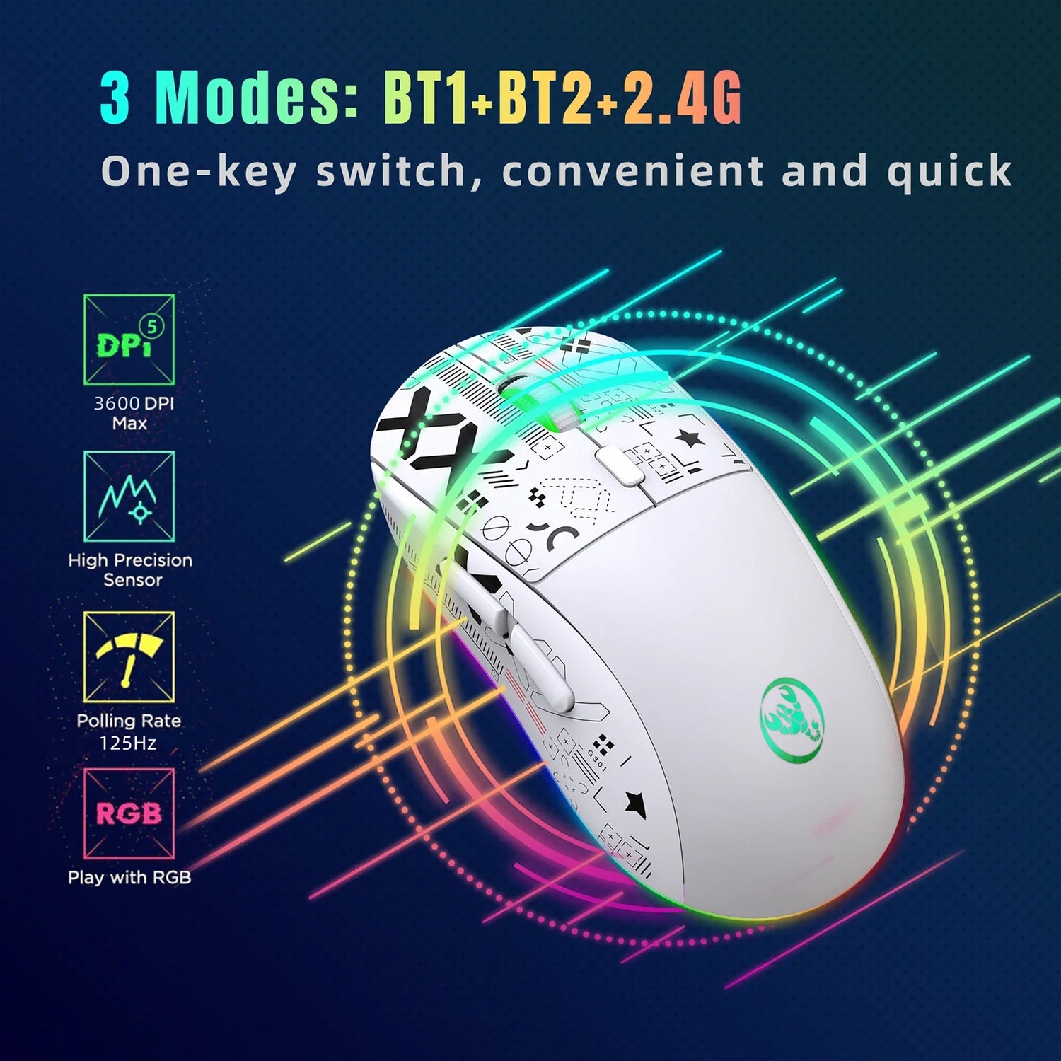 Wireless gaming mouse with RGB lighting and multiple connectivity modes.