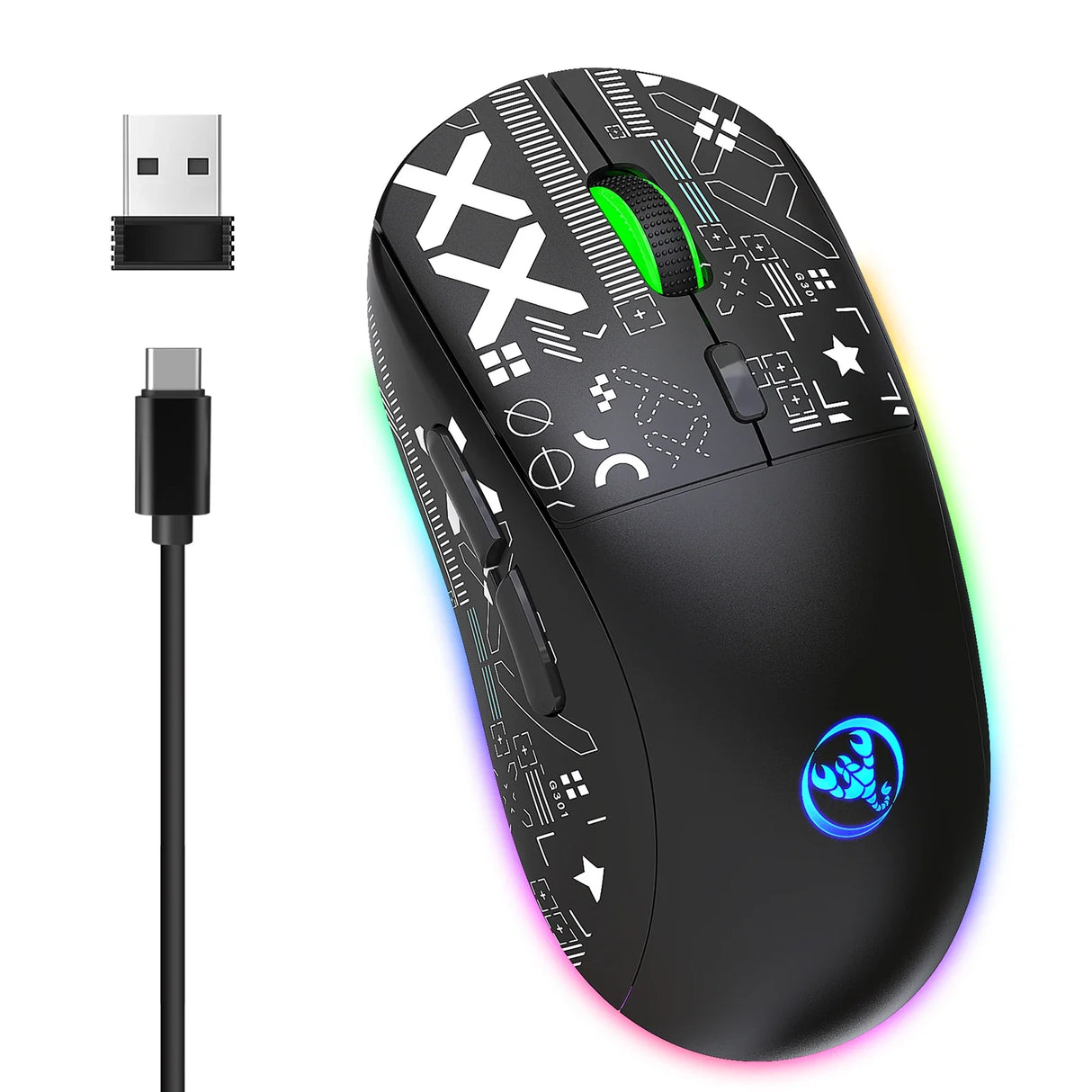 Wireless gaming mouse with RGB lighting and customizable buttons.