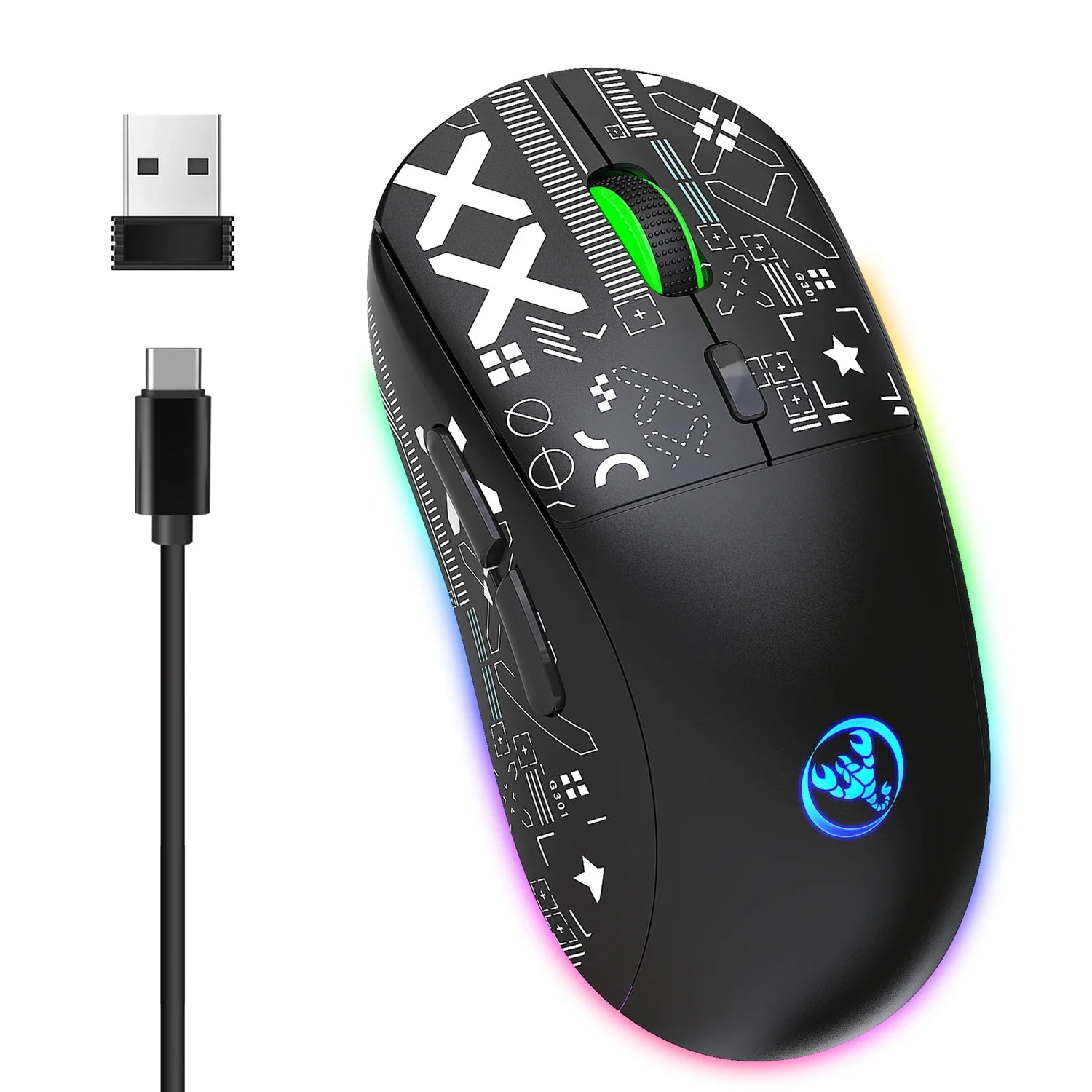 Wireless gaming mouse with RGB lighting and customizable buttons.