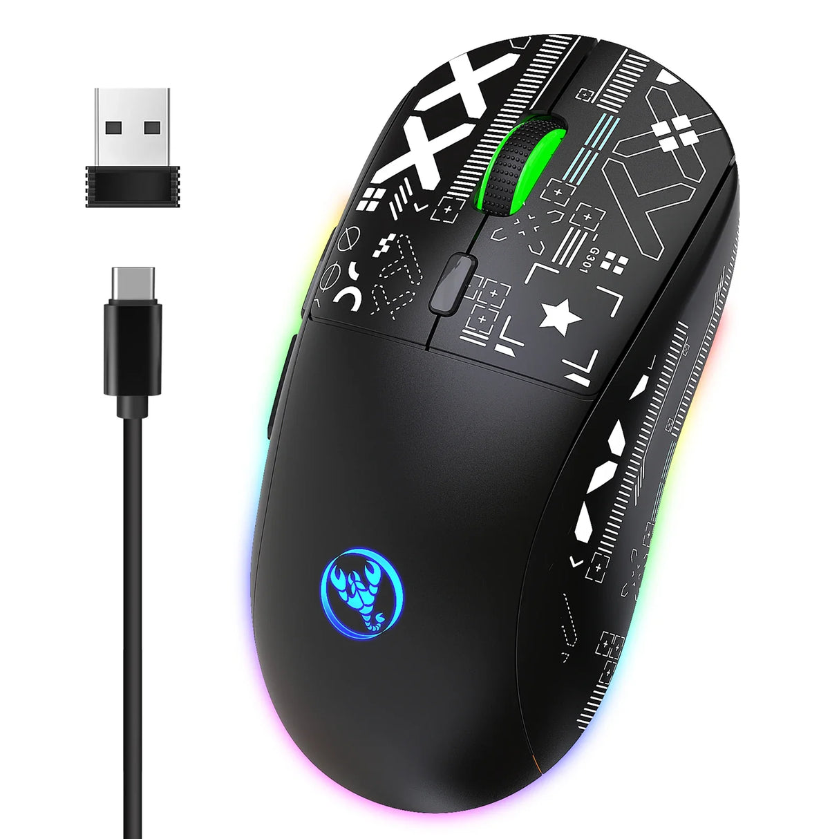 Wireless gaming mouse with RGB lighting and a patterned surface design.