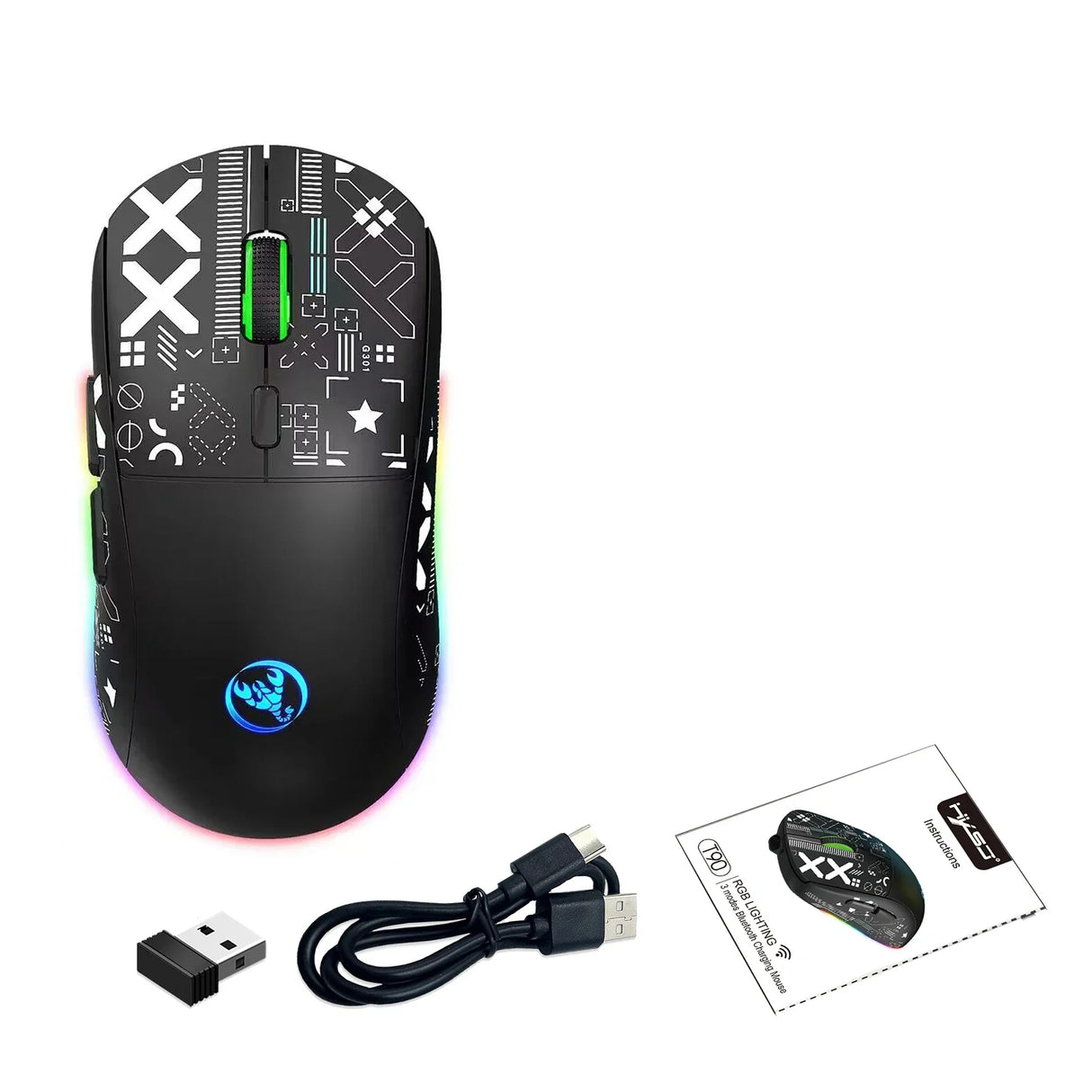 Wireless gaming mouse with RGB lighting and a patterned top surface.