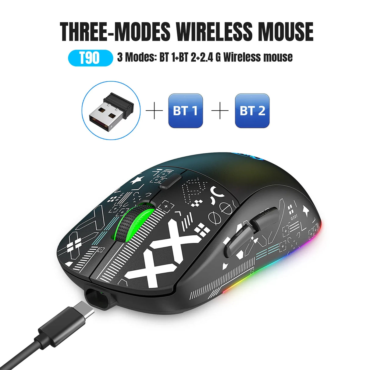 Wireless gaming mouse with RGB lighting and multiple connectivity modes.