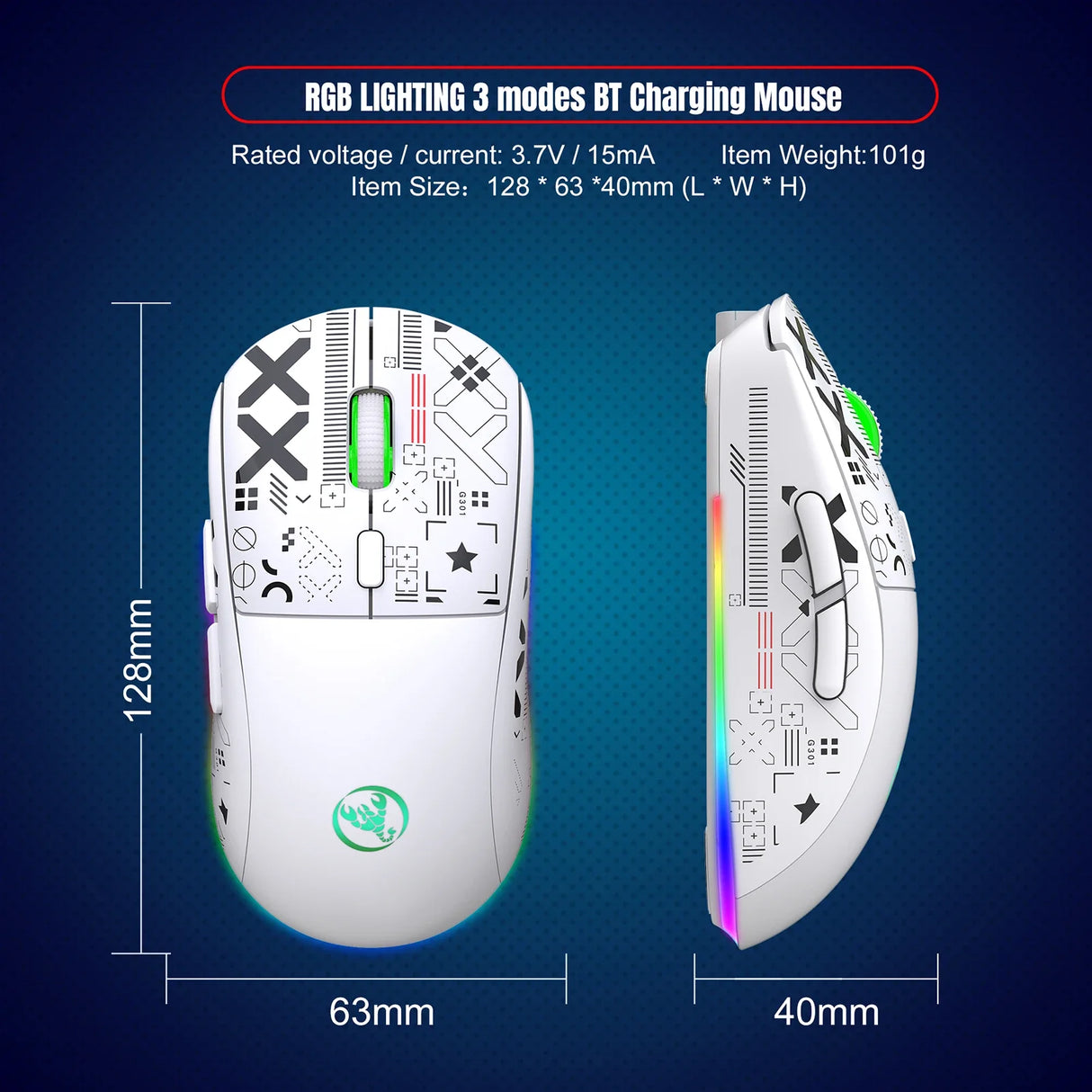 Wireless gaming mouse with RGB lighting and doodle-style graphics on its surface.