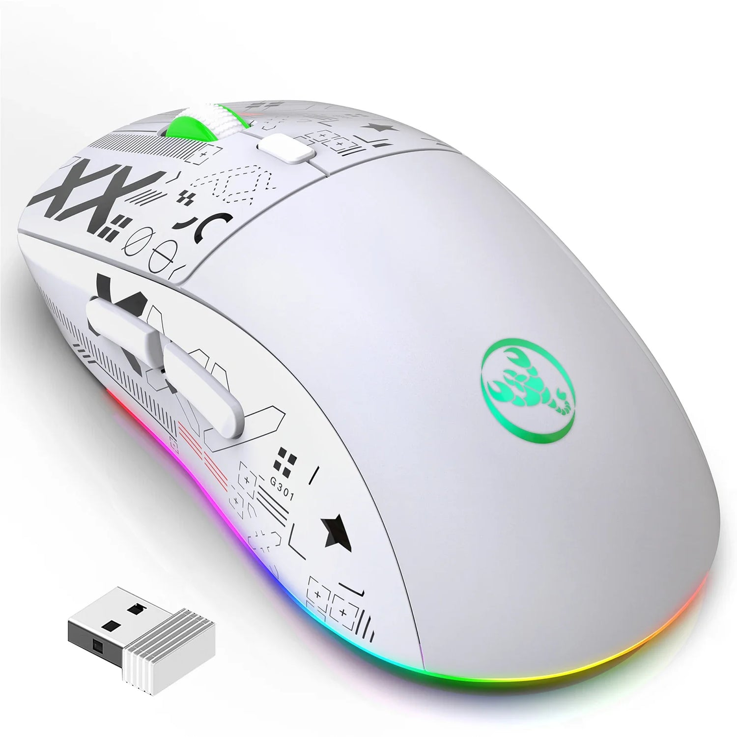 Wireless gaming mouse with RGB lighting and a white doodle-patterned design.