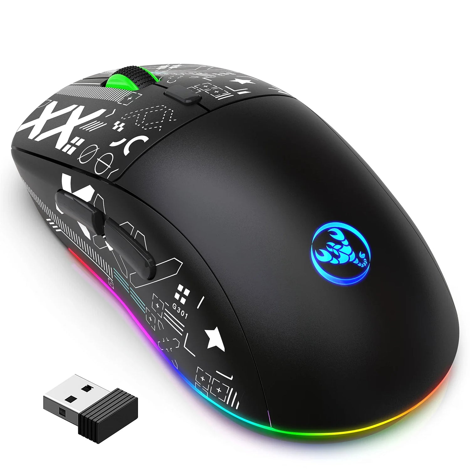 Wireless gaming mouse with RGB lighting and a customized design on its surface.