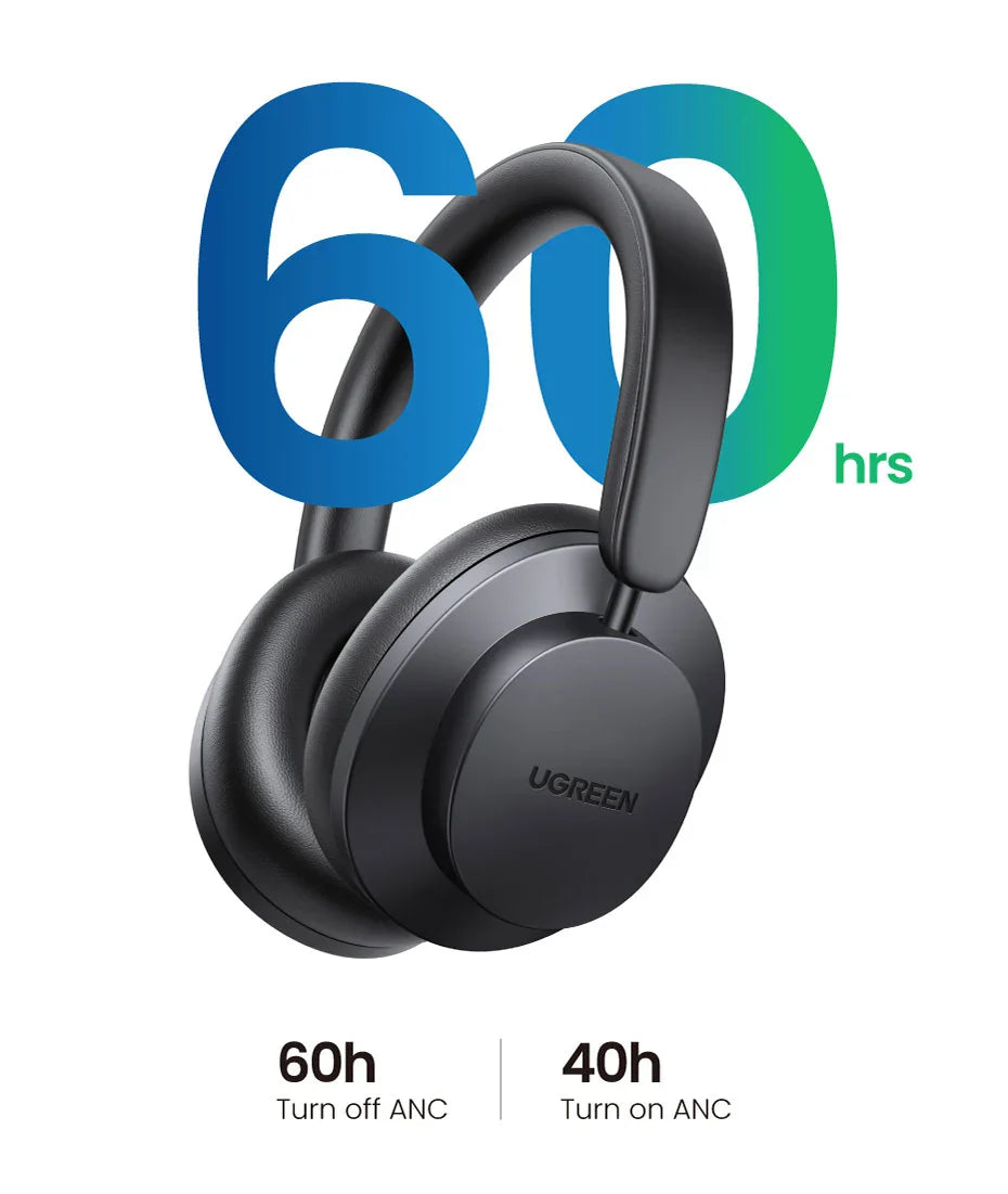 Wireless over-ear headphones with ’600 hrs’ text and battery life details.