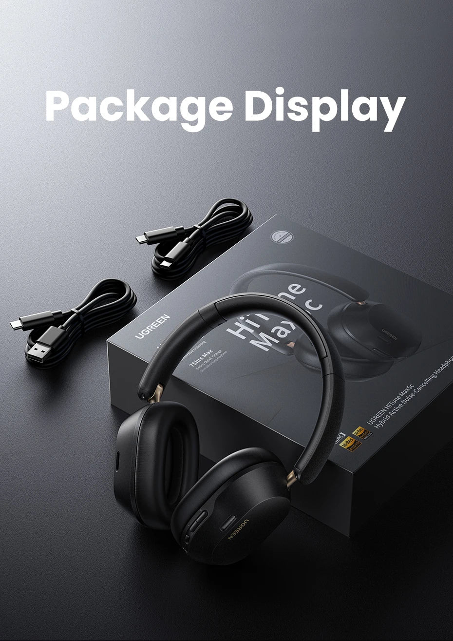 Wireless over-ear headphones with accompanying cables.