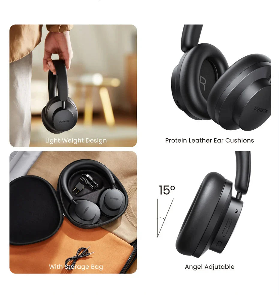Wireless over-ear headphones with protein leather cushions and adjustable design.