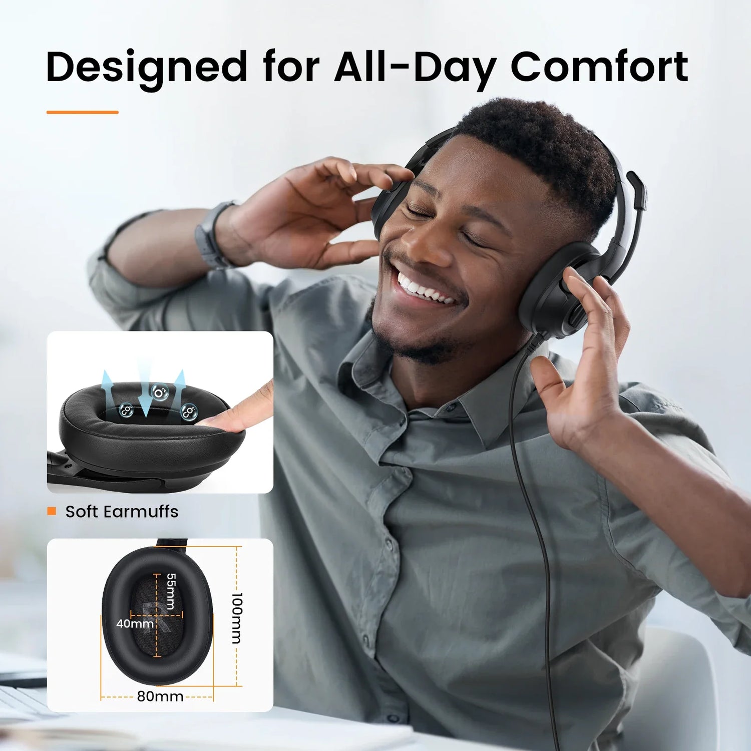 Wireless over-ear headphones with soft earmuffs designed for comfort.