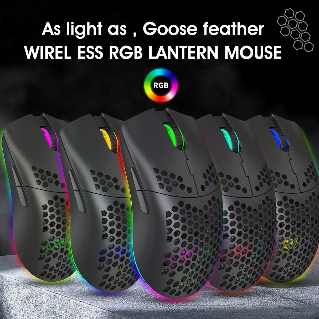 Wireless RGB gaming mouse with a honeycomb shell design and colorful LED lighting.