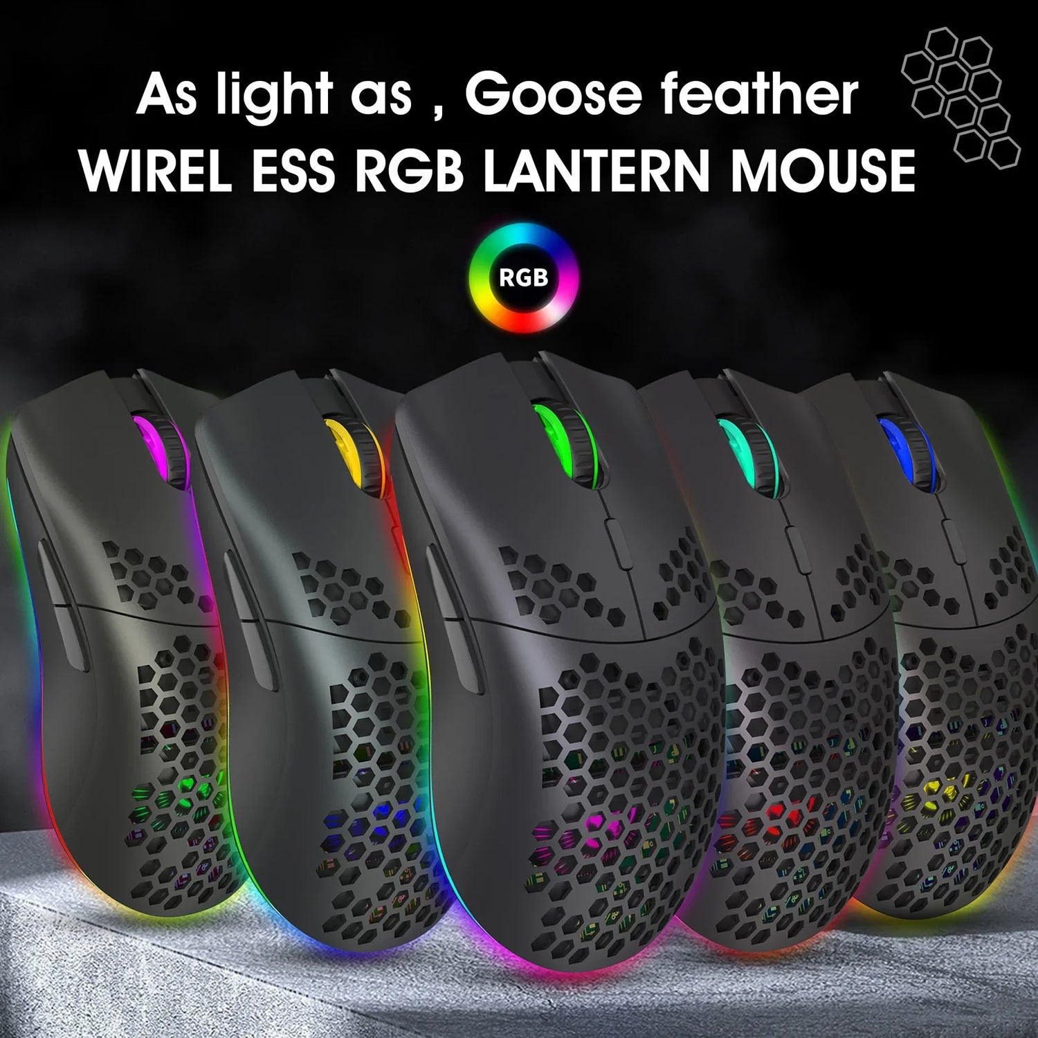 Wireless RGB gaming mouse with a honeycomb shell design and colorful LED lighting.