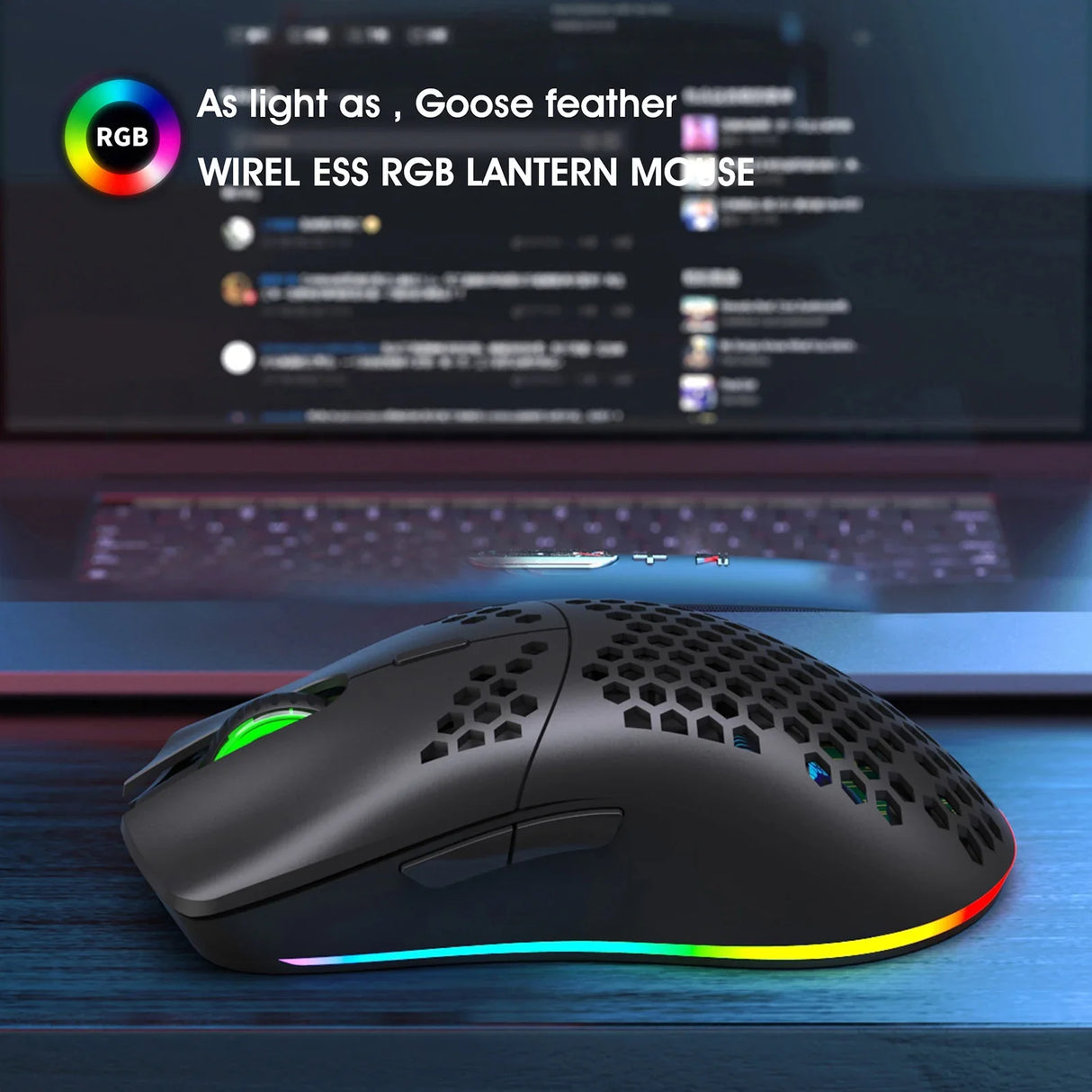 Wireless RGB gaming mouse with a honeycomb shell design and colorful LED lighting along the base.