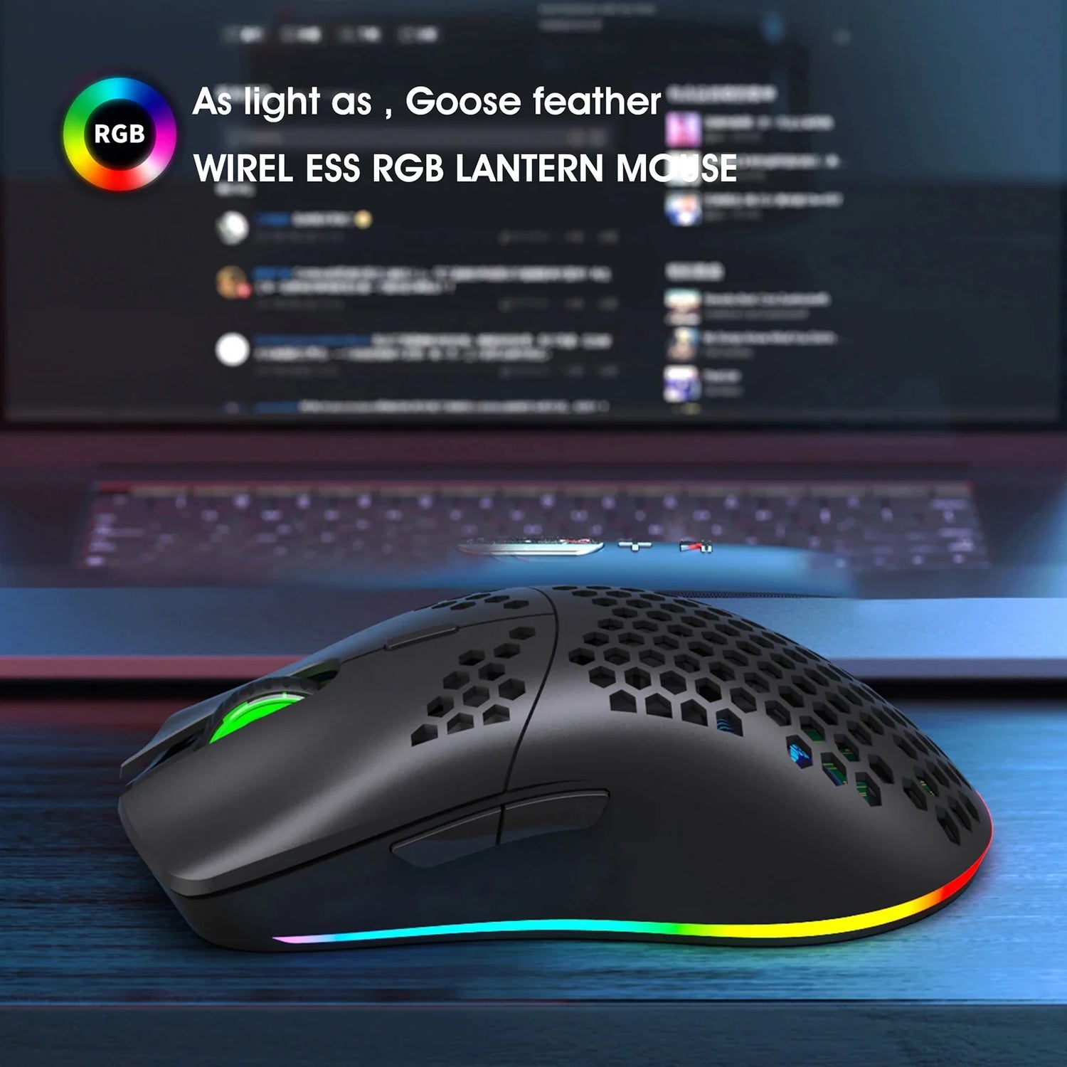 Wireless RGB gaming mouse with a honeycomb shell design and colorful LED lighting along the base.