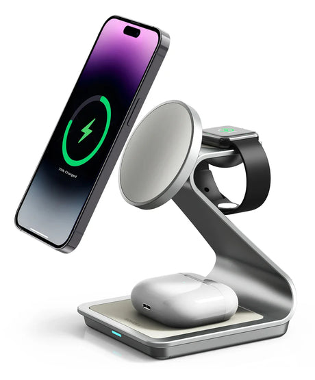 Wireless charging stand for iPhone, Apple Watch, and AirPods.