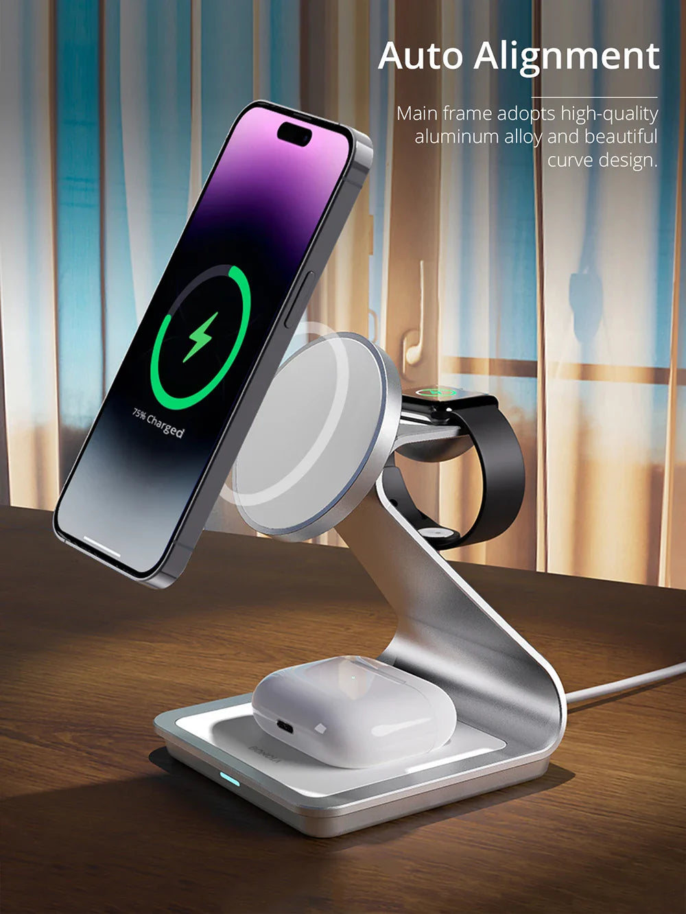 Wireless charging stand with multiple device support for smartphone and smartwatch.
