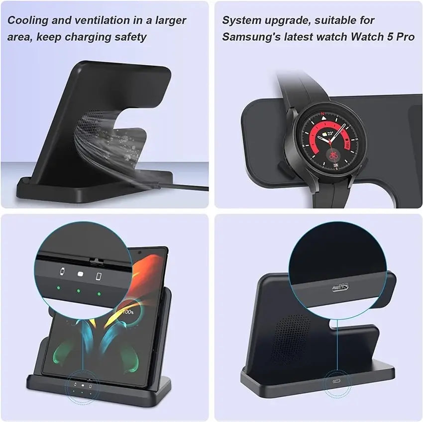 Wireless charging stand with multiple features for smartphones and smartwatches.