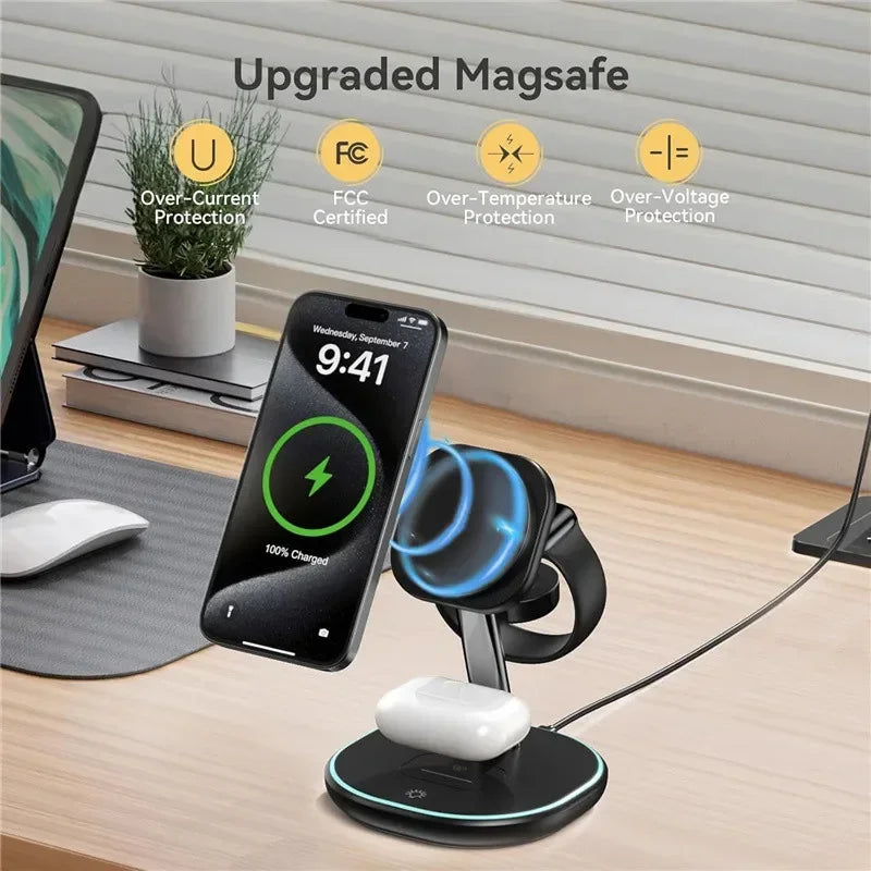 Wireless charging stand for phone, watch, and earbuds.