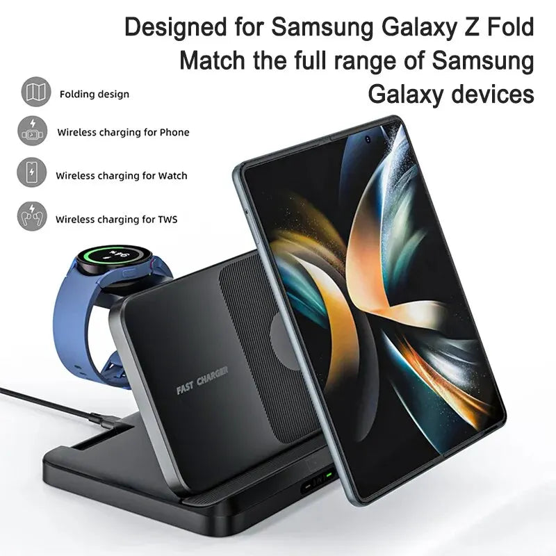 Wireless charging stand for Samsung Galaxy Z Fold and other Galaxy devices, featuring multiple charging spots for a phone, watch, and earbuds.