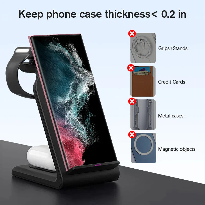 Wireless charging stand holding a smartphone with a dynamic splash screen display.