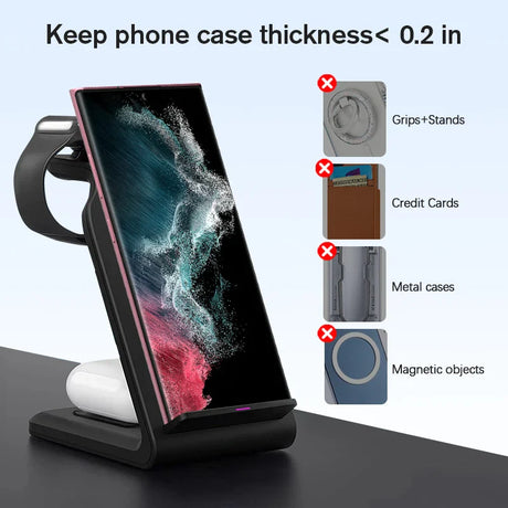 Wireless charging stand holding a smartphone with a dynamic splash screen display.