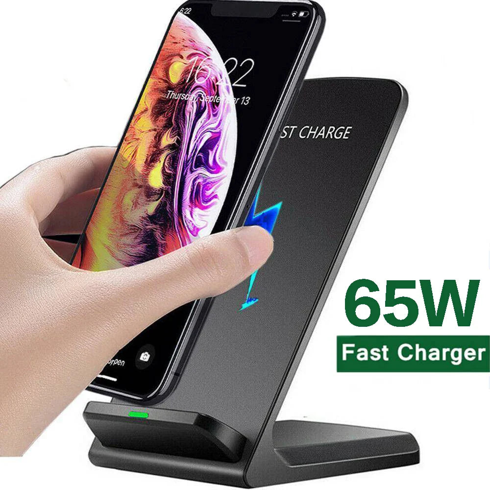 Wireless charging stand for smartphones with 65W fast charging capability.