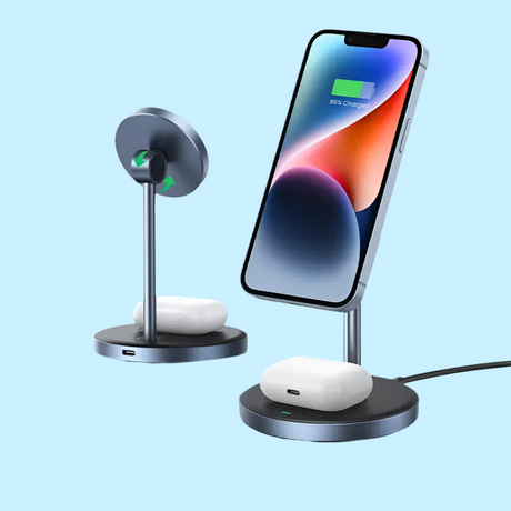 Wireless charging stand for smartphones and earbuds with a sleek, modern design.