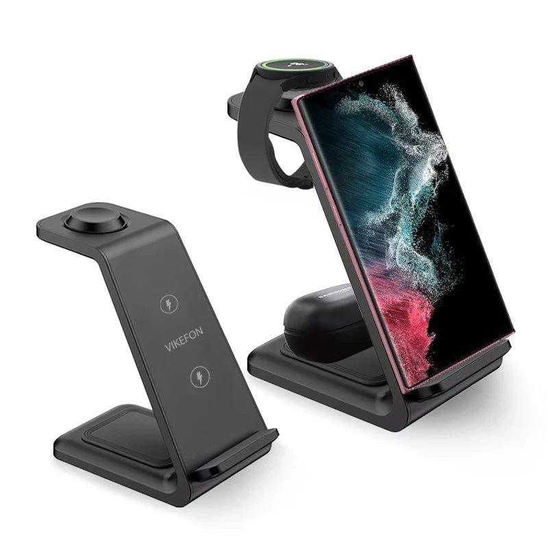 Wireless charging stand for smartphones and smartwatches with multiple charging positions.