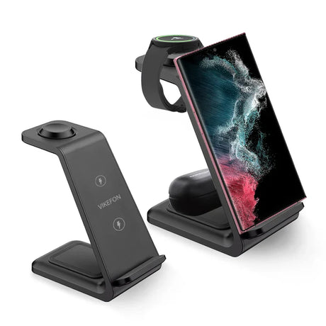 Wireless charging stand for smartphones and smartwatches with multiple charging positions.