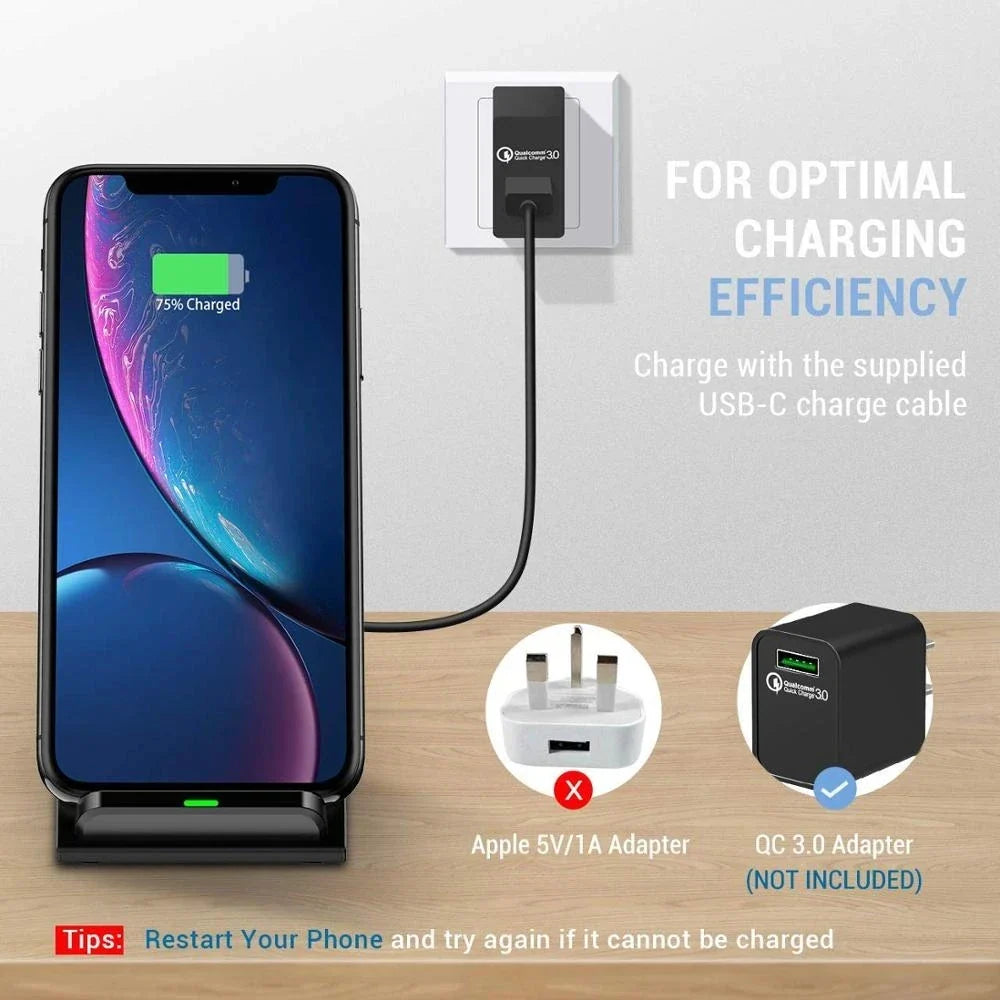 Wireless charging stand for smartphones with USB-C cable and adapter recommendations.