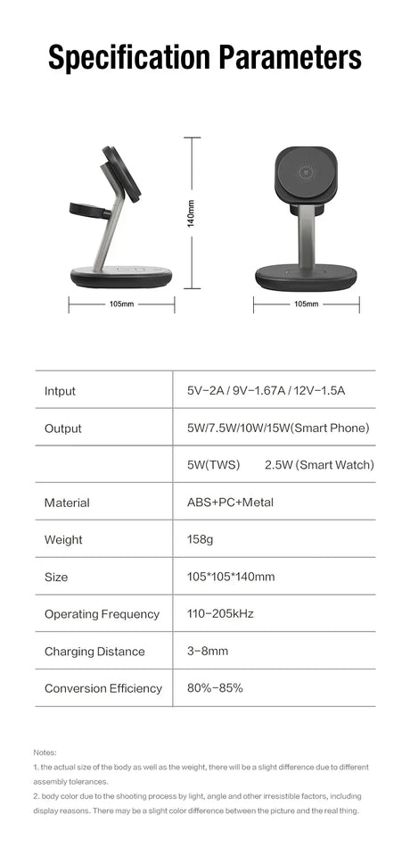 Wireless charging stand specifications.