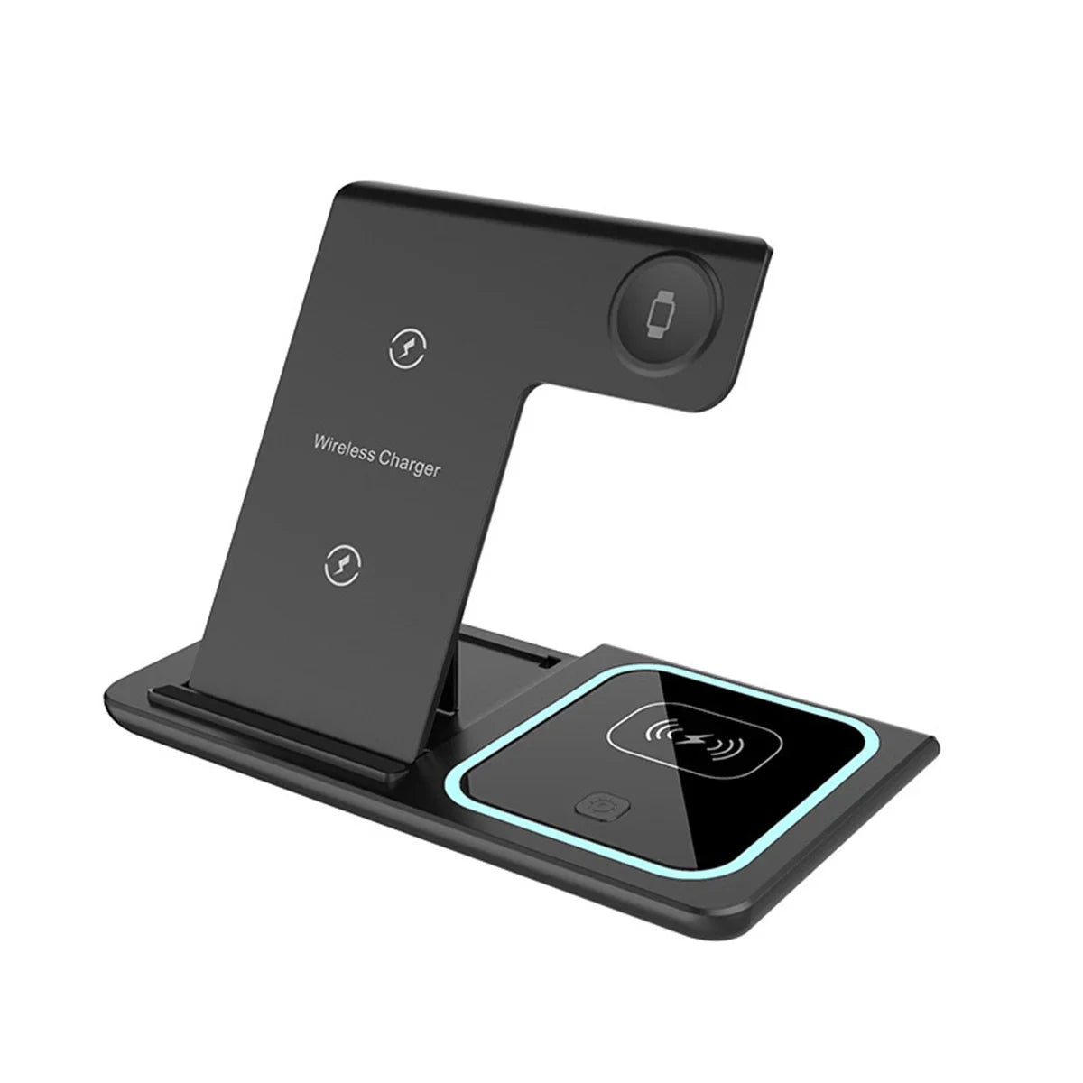 Wireless charging station with multiple device support for smartphones and smartwatches.